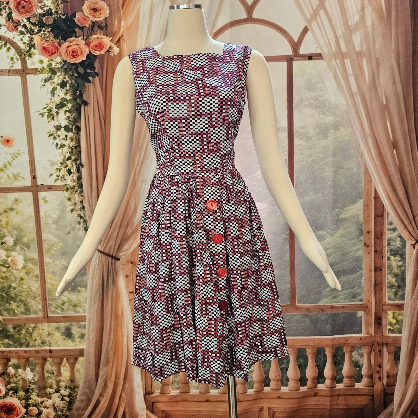 Vintage 1960’s Geometric Checkered Fit & Flare Dress Red White Navy Square Neck