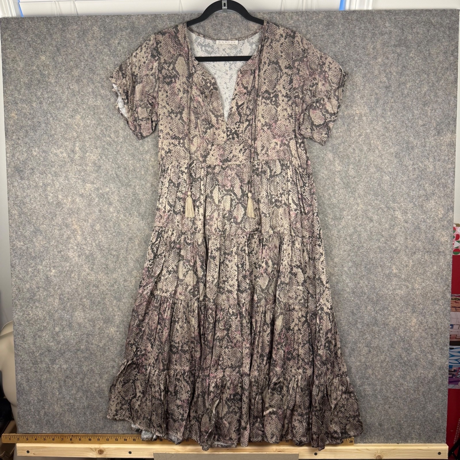 Karlie Python Tiered Shift Midi Dress Blue Tassels Taupe Brown Pink Medium 697