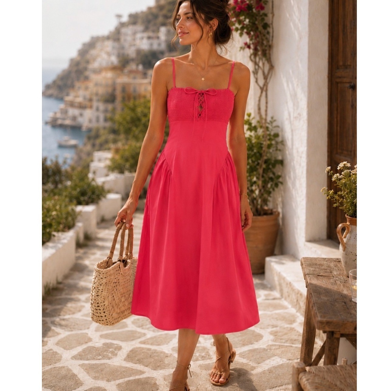 NEW Hyacinth House Serafina Smocked Cotton Midi Dress Watermelon Pink XL