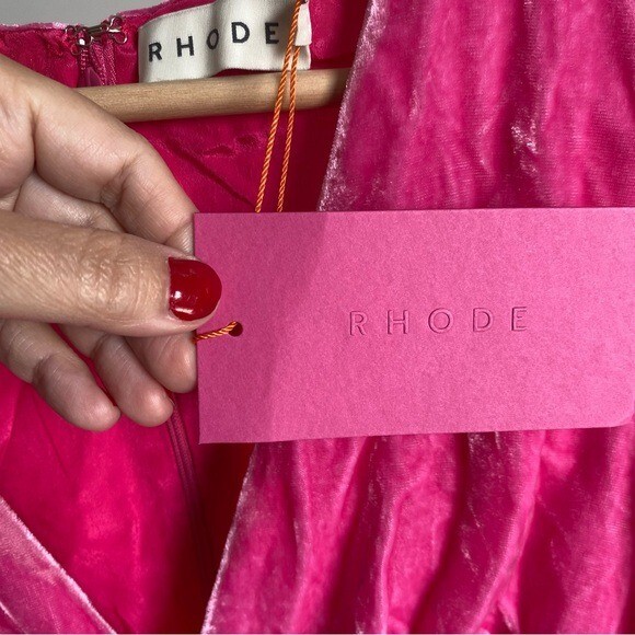 $565 NWT Rhode Pink Ester V-Neck Puff Sleeve Velvet Dress in Jaipur Sz 0