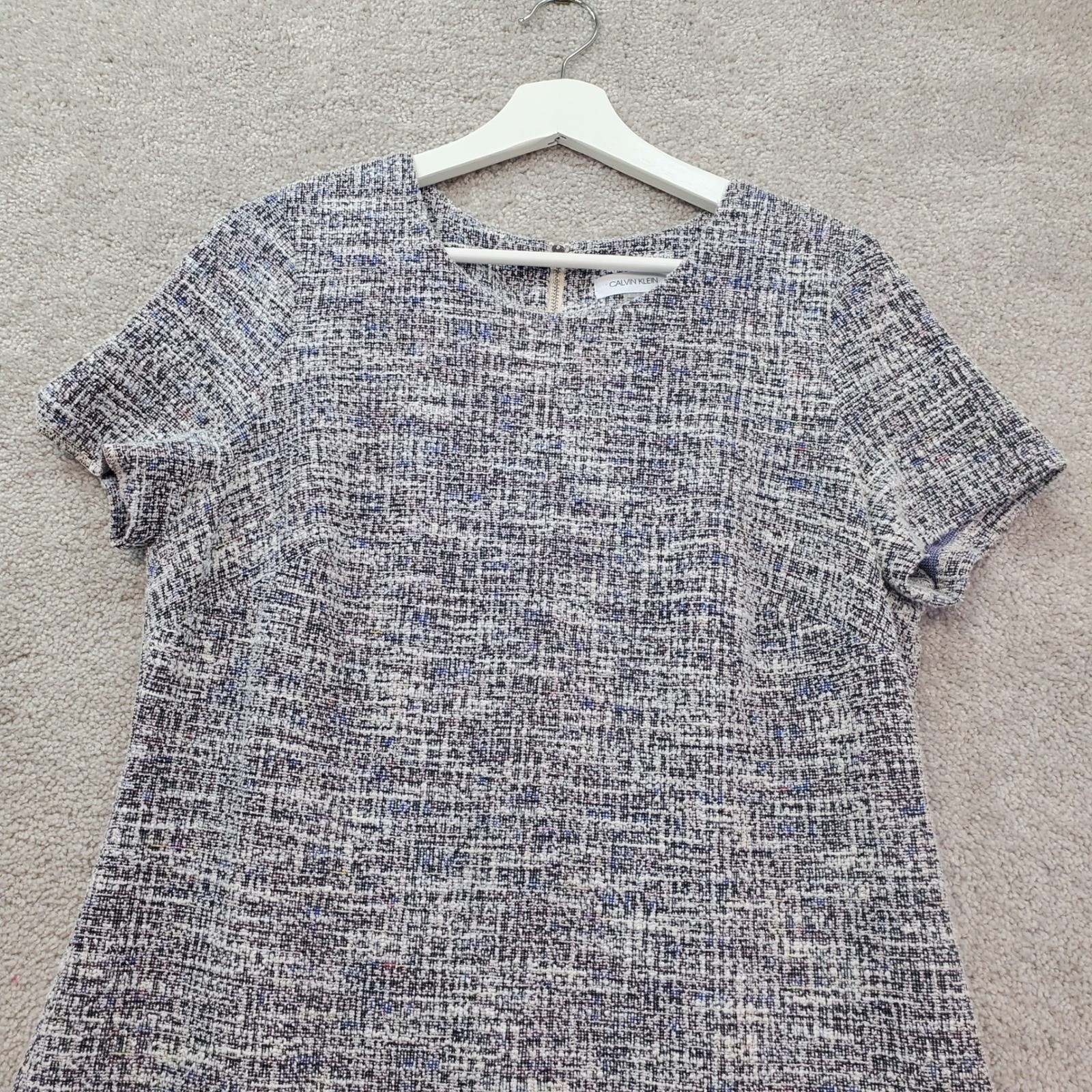 Calvin Klein Shift Dress Women 14 Multicolor Tweed Stretch Short Sleeve Back Zip