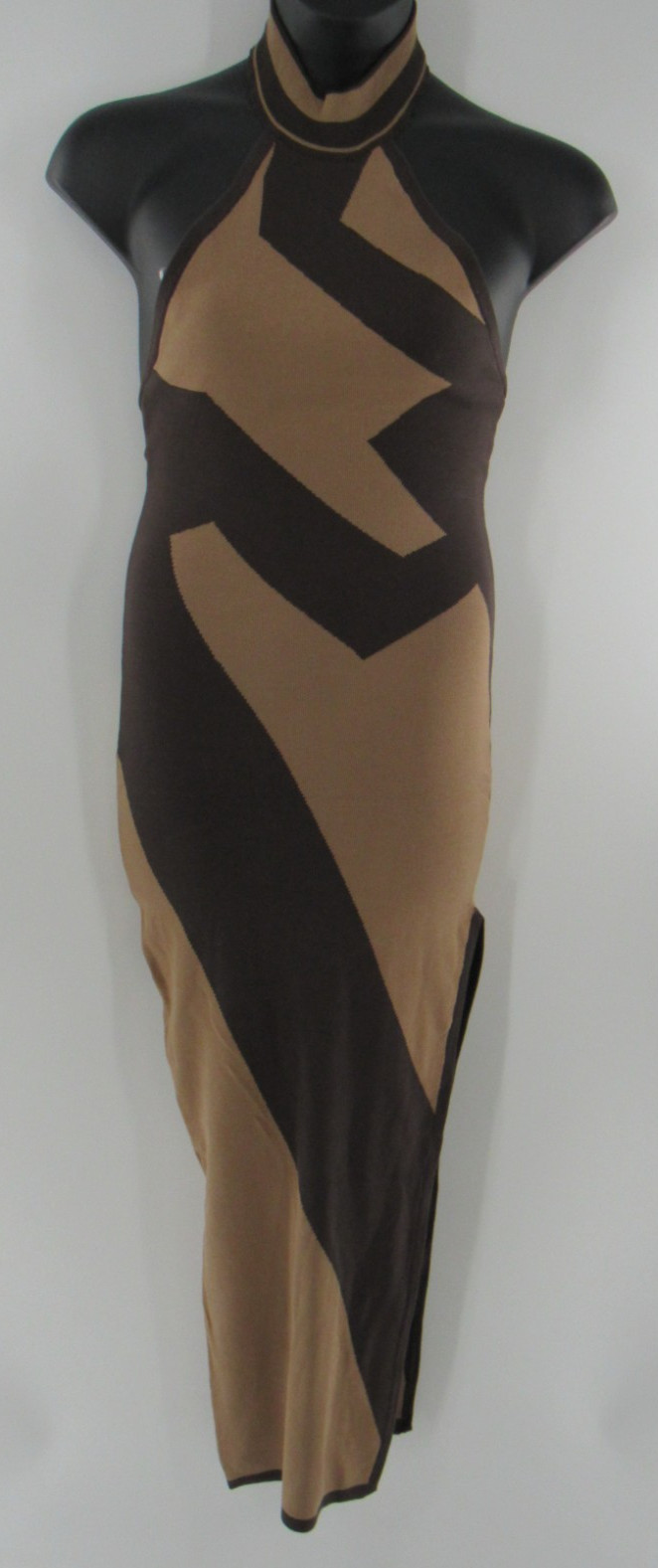 Women’s Size Large Brown Tan Bodycon Maxi Dress High Neck Side Split Y2K NEW