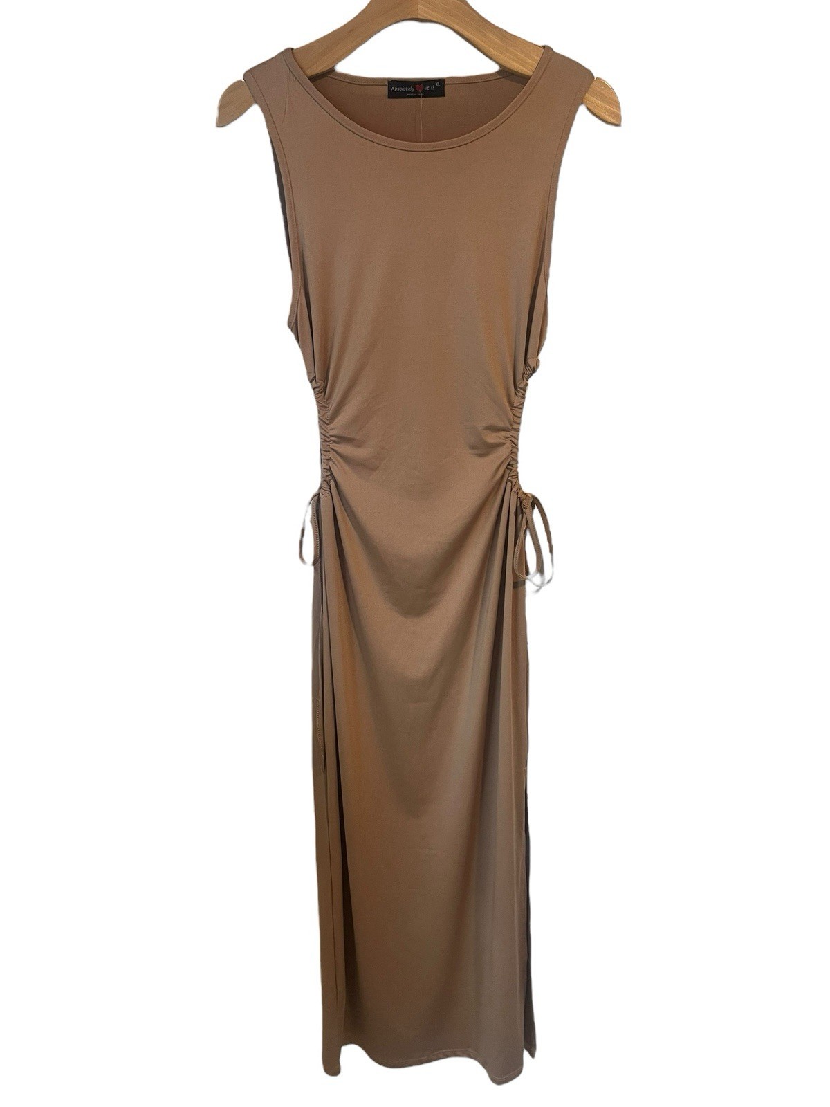 Absolutely Love It Pencil Dress Size L Beige Sleeveless Split Bodycon Midi NEW