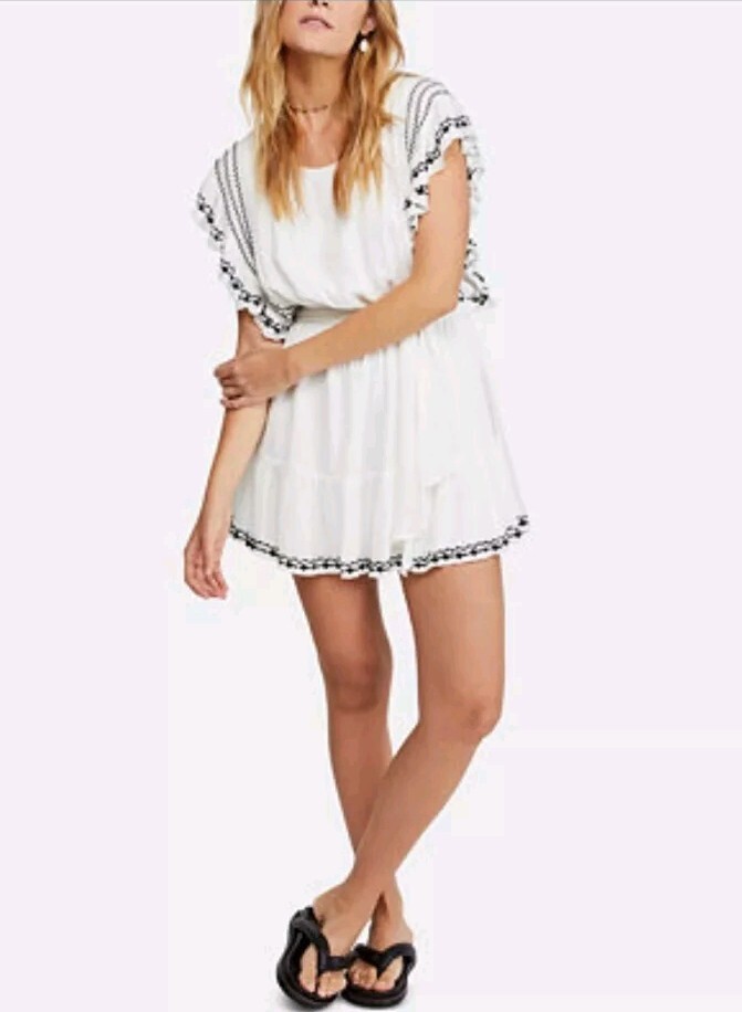 FREE PEOPLE Small WEEKEND BRUNCH Mini Dress White Embroidered Ruffle Tie Waist