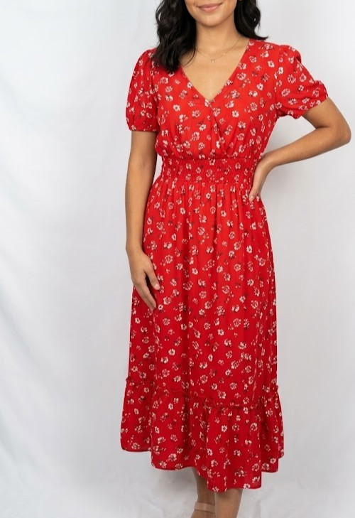 Violet Skies Red Floral Smocked Waist Midi Dress Short Sleeve Ruffle Hem Size M