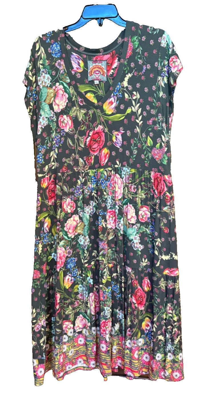 Johnny Was NAOMI Dress Size L Boho Floral Tiered Midi V-Neck Bamboo Knit