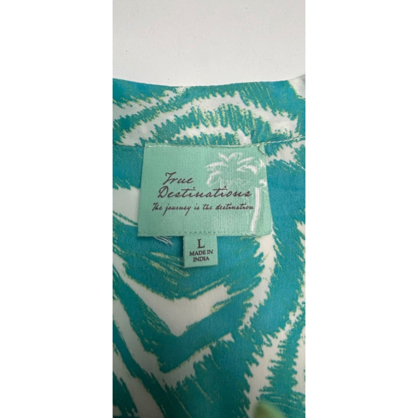 True Destinations Teal White Abstract Print Ruffle Tiered Maxi Dress Womens L
