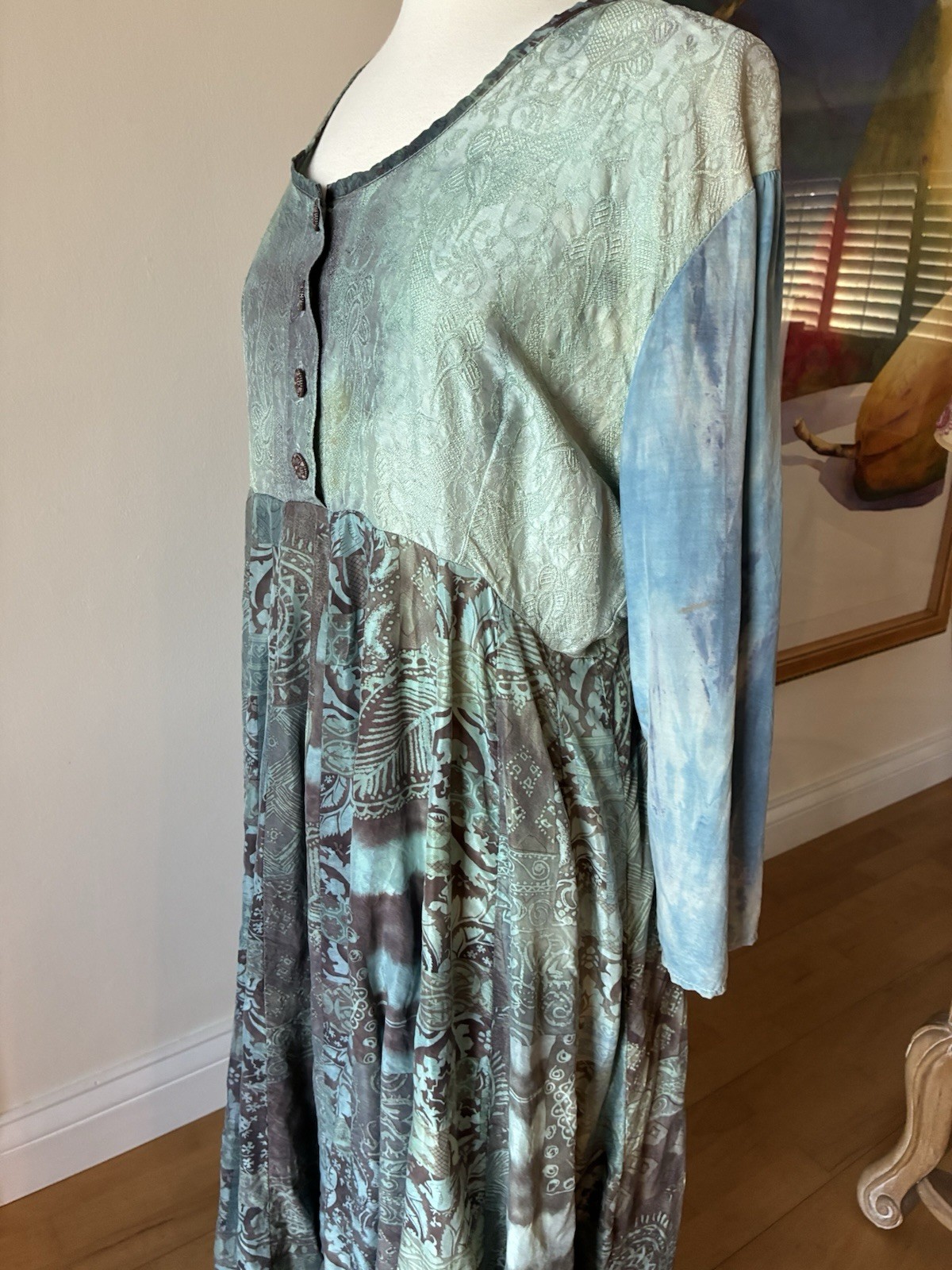 URU St. Rrik 100% Silk Rayon Dyed Artsy Boho Lagenlook Maxi Art Wear Dress M/L