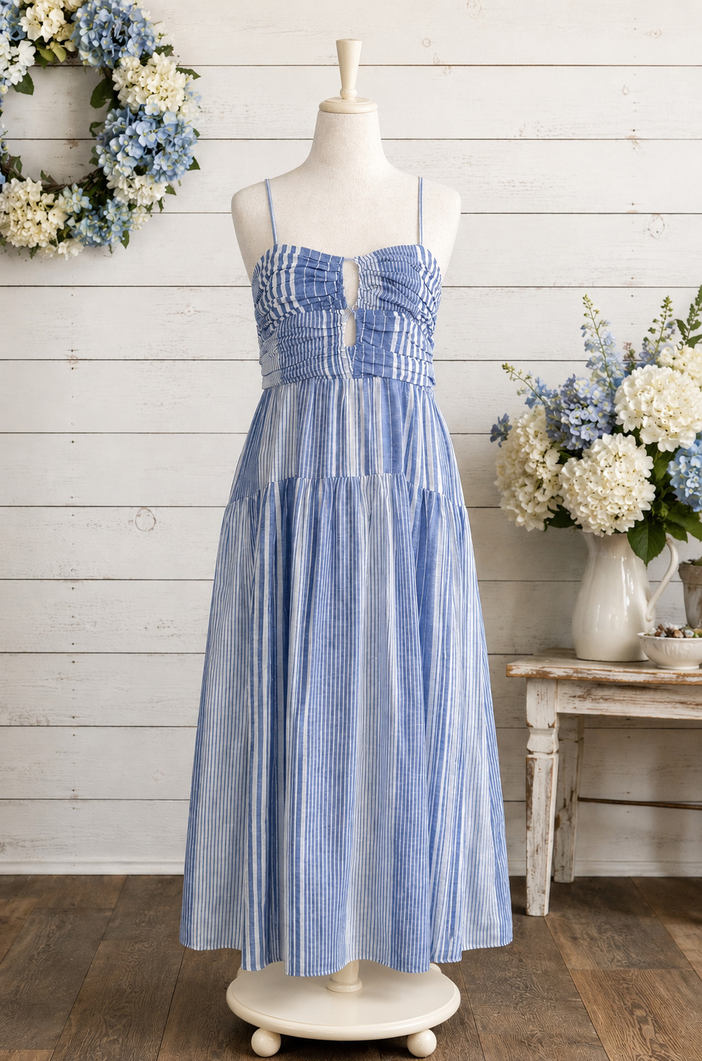 Lucky Brand Blue White Stripe Cutout Maxi Dress XL Smocked Adjustable NWOT