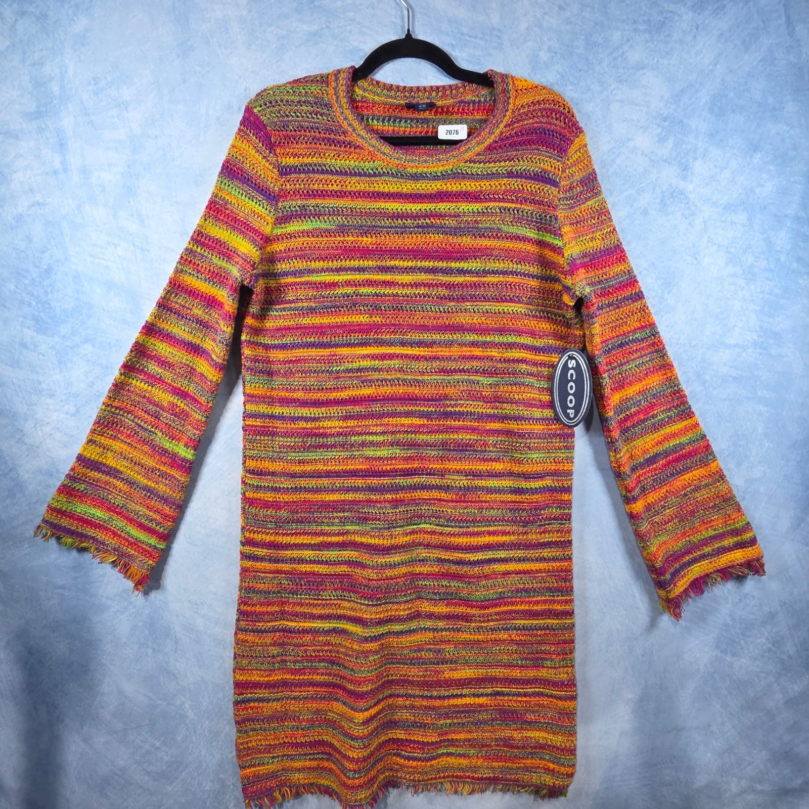 Scoop Womens Multi Color Striped Crochet Mini Dress Fringe Long Sleeve Medium