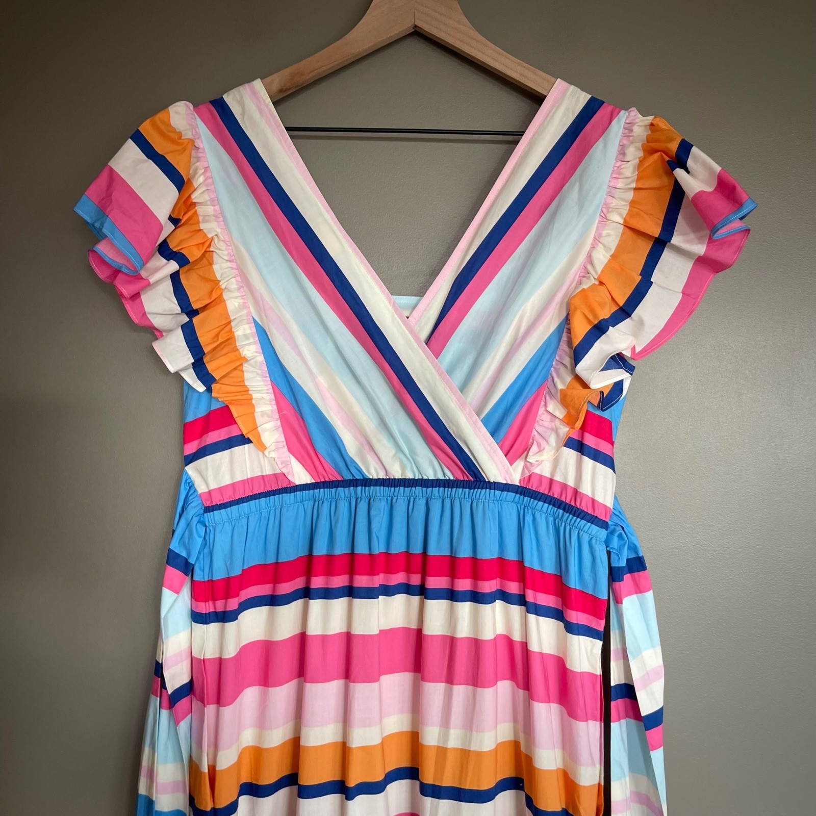NWT Plenty Rainbow Stripe Ruffle Maxi Dress Tie Waist Flutter Sleeve Medium Chic