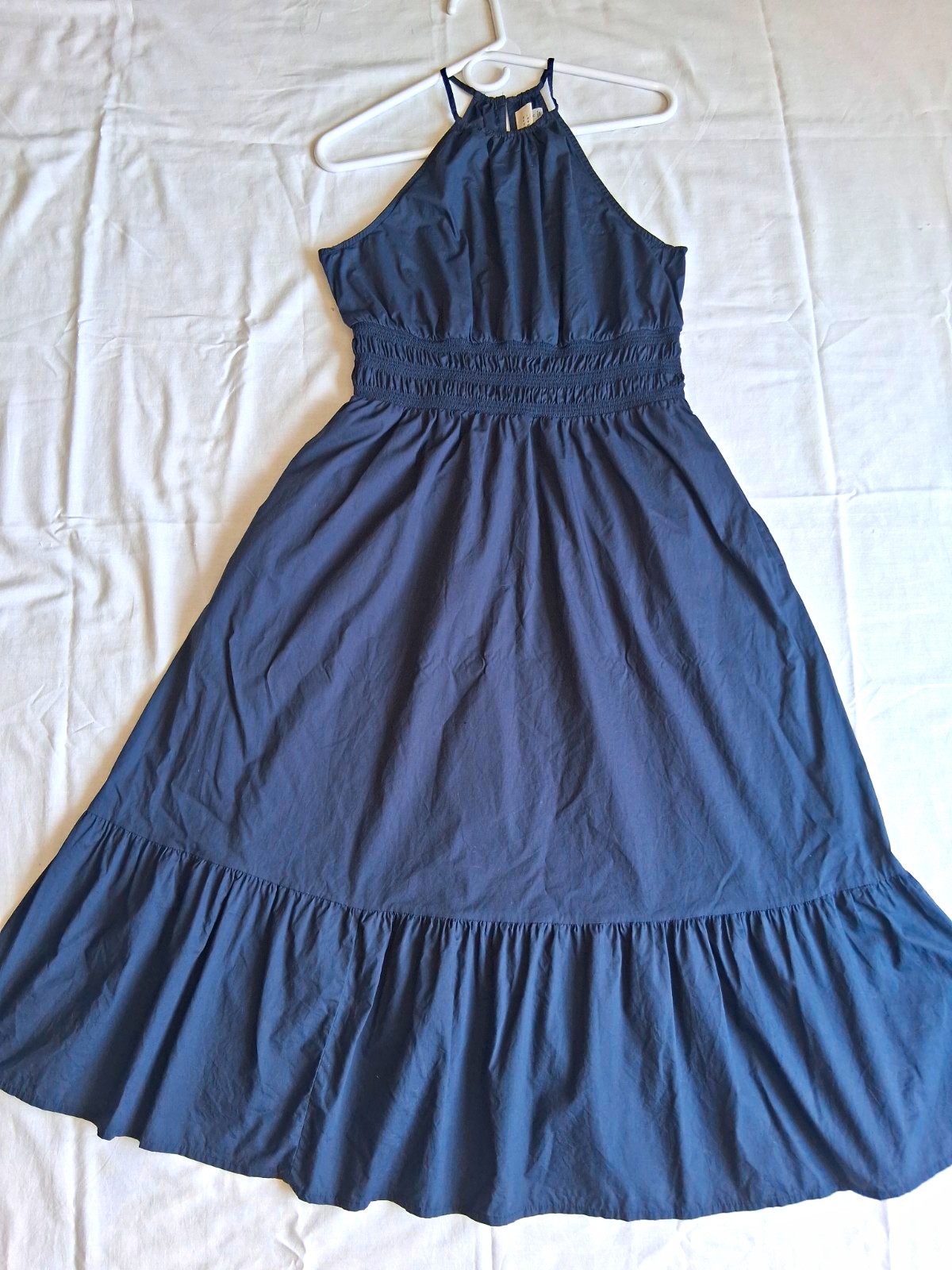 A New Day Blue Halter Cowgirl Boho Midi Dress Smocked Ruffle Woven Cotton Sz M