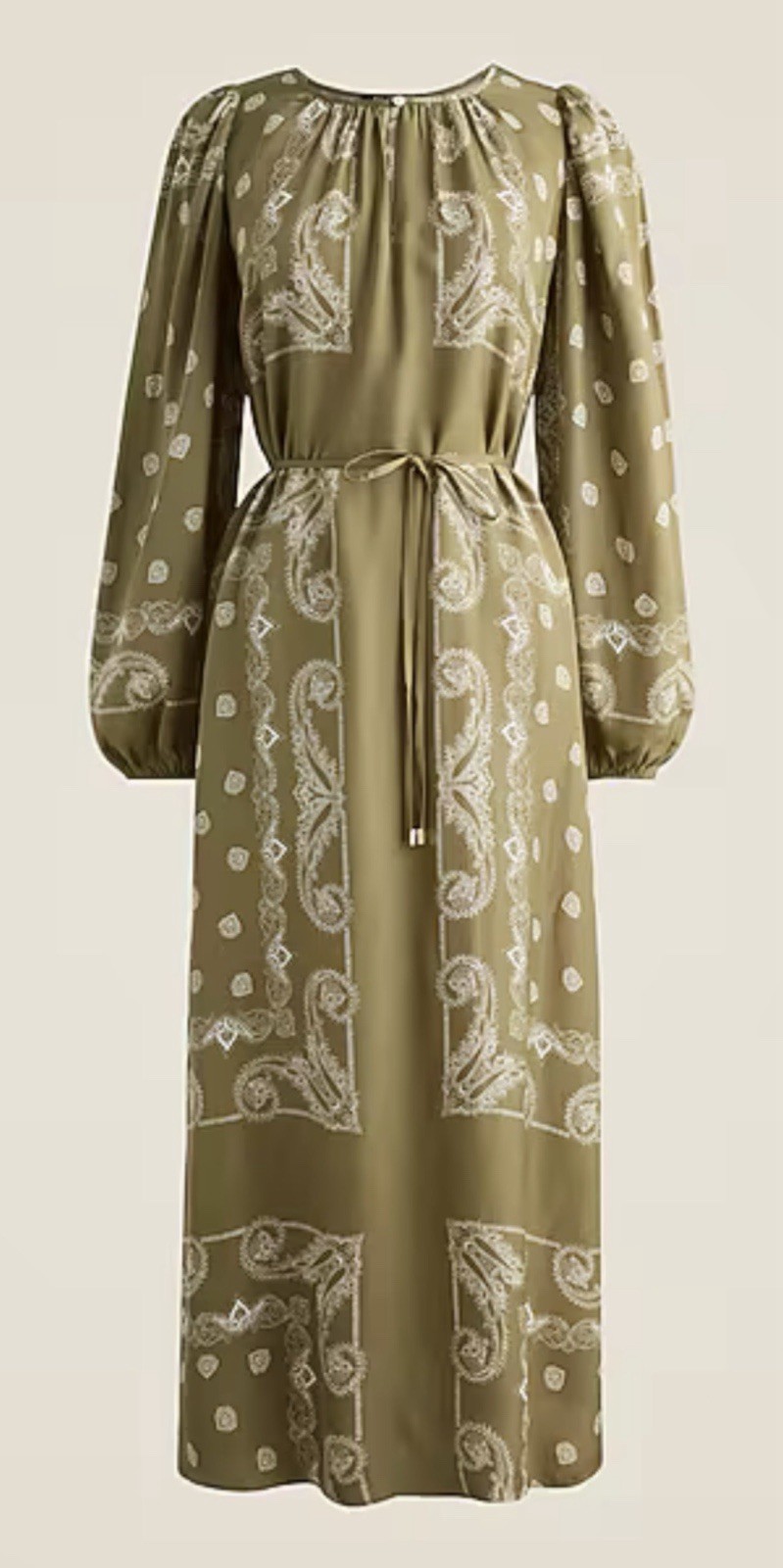 J. CREW $238 Belted GREEN Viscose Drapey Tie-Waist Maxi Dress in Bandana Print M
