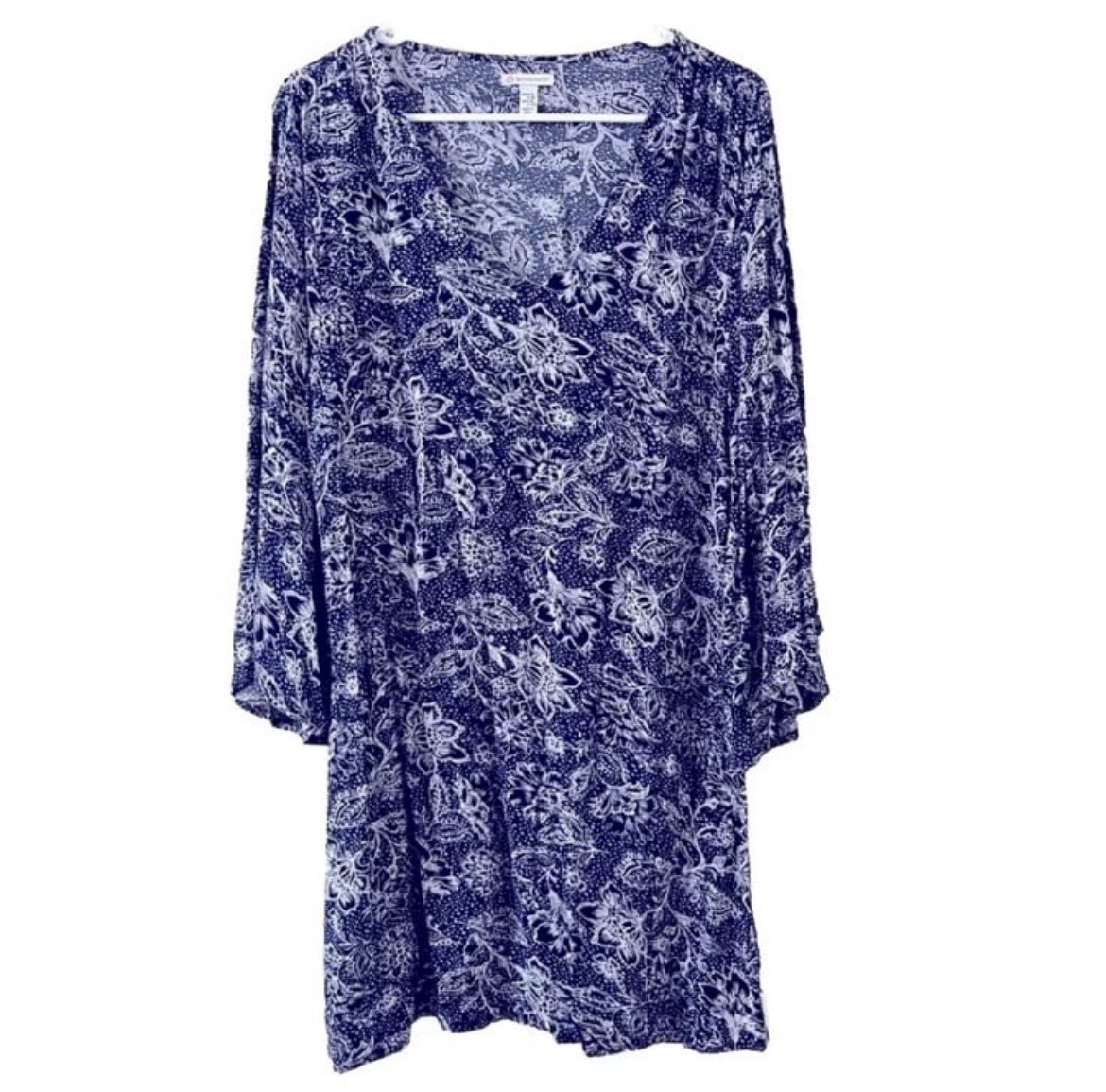 NWT Navy Blue White Floral Mini Flowy A-Line Dress Size S Beachy Coastal Comfy