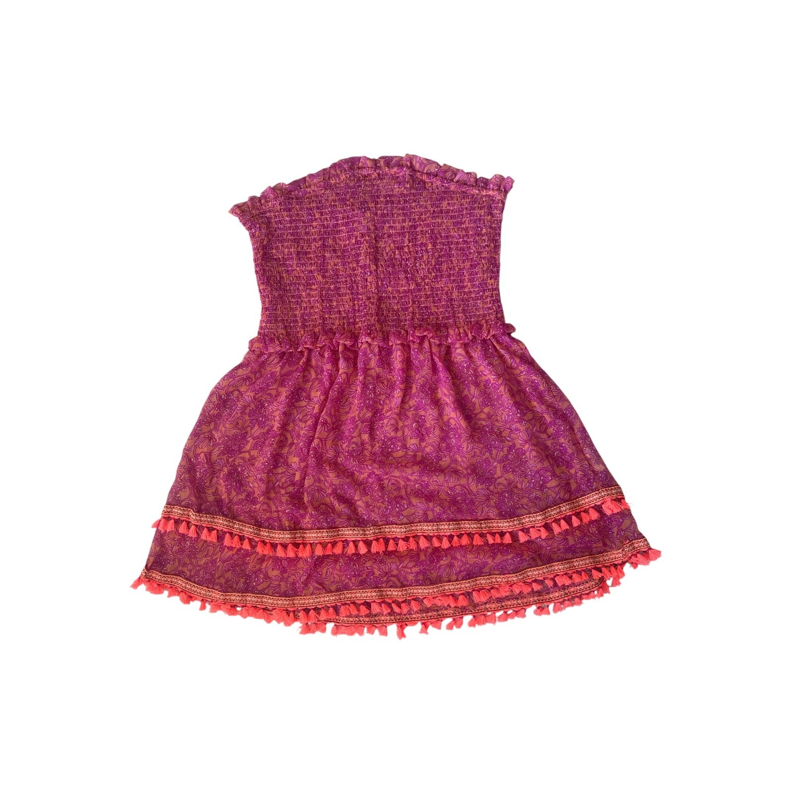NWOT Ramy Brook NY Sheer Smocked Strapless Tassel Mini Dress Fuchsia Floral M