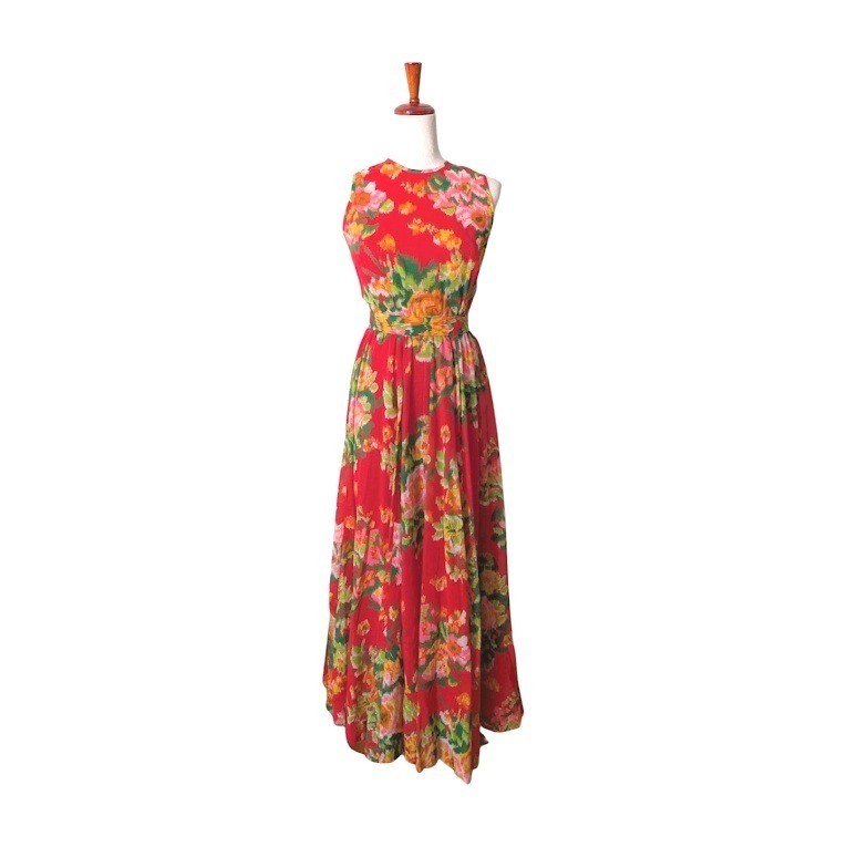 Lanz Originals Vintage Red Floral Maxi Dress Sleeveless Boho Bohemian Size S