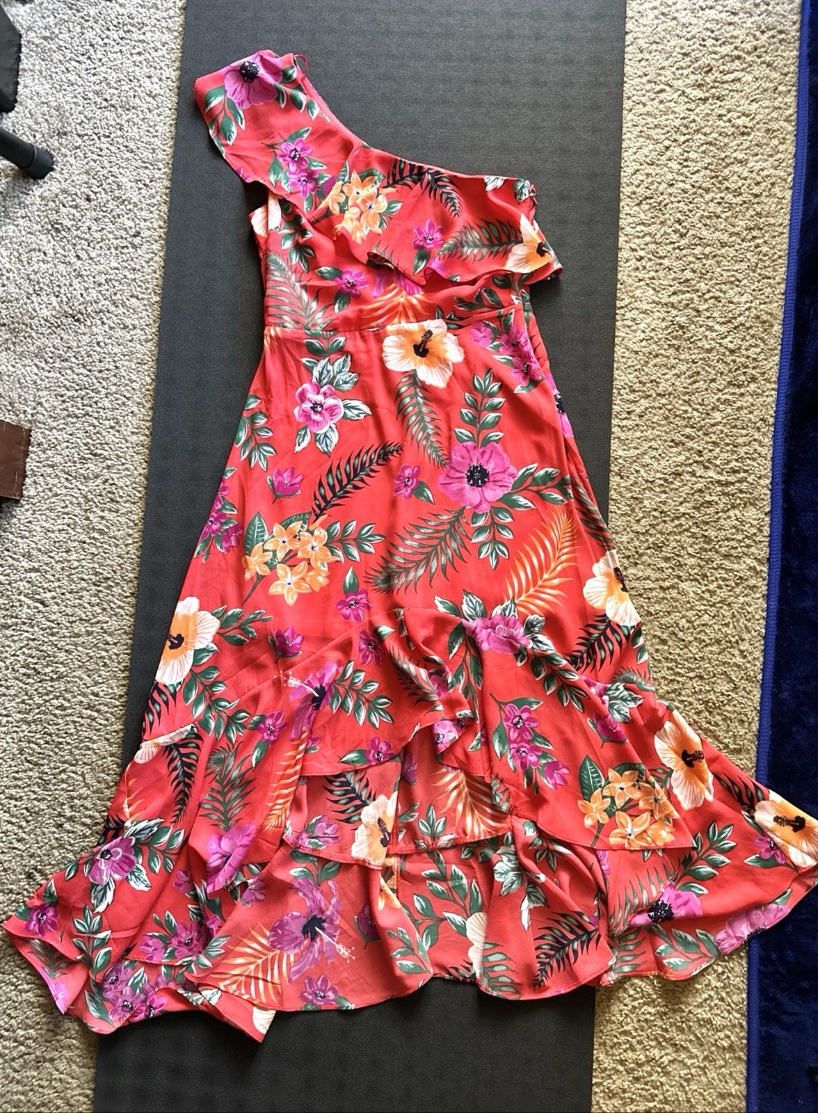 Lush Red Tropical Floral One-Shoulder Ruffle Hi-Lo Dress, Vacation, Sz M