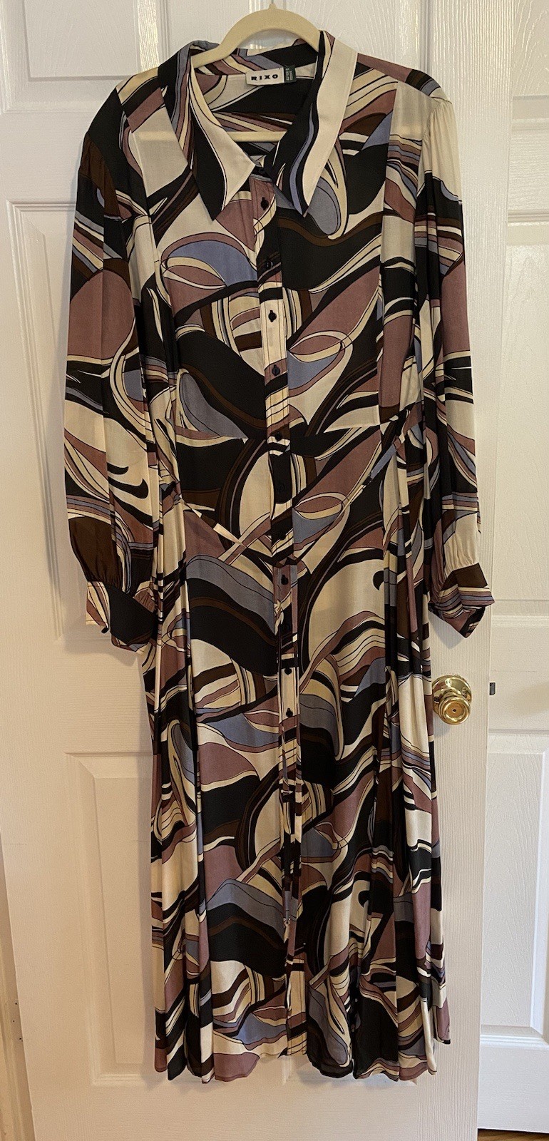 EUC 22W (6XL) Rixo Madison Maxi Shirtdress in Mauve/Blue/Brown Swirl Pattern