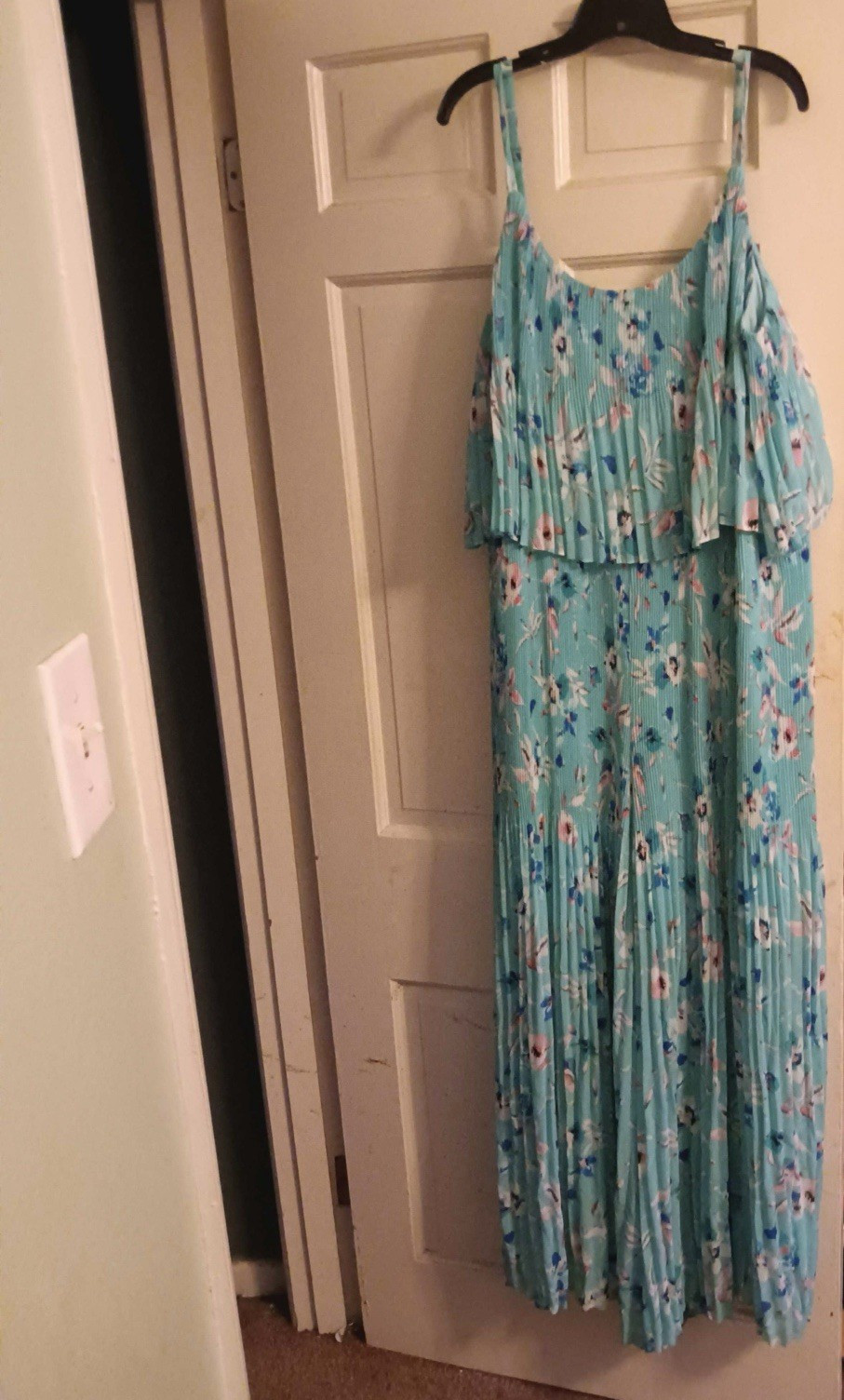 Ensemble Blue Floral Pleated Maxi Dress Scoop Neck Strappy Sleeveless L