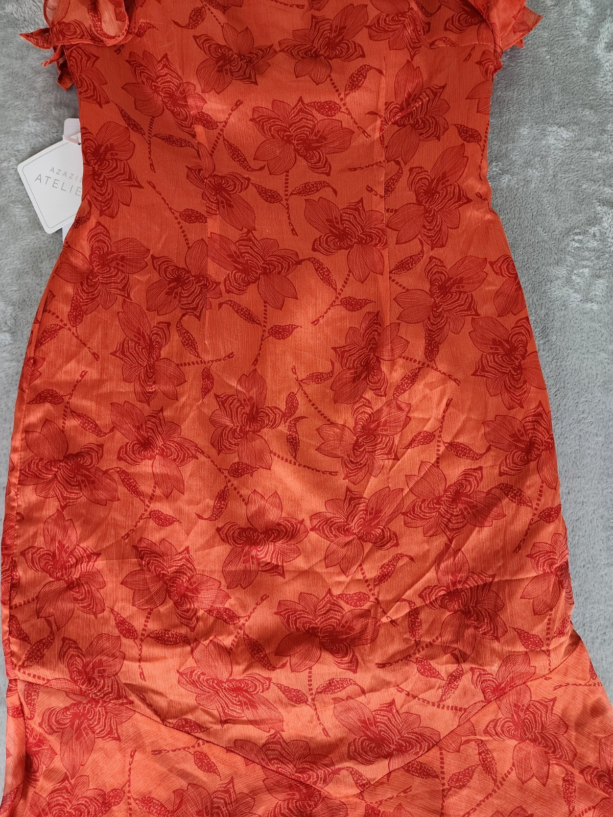 Azazie Atelier Amaria Orange Floral Ruffle Maxi Dress, Zip Closure, Women 10