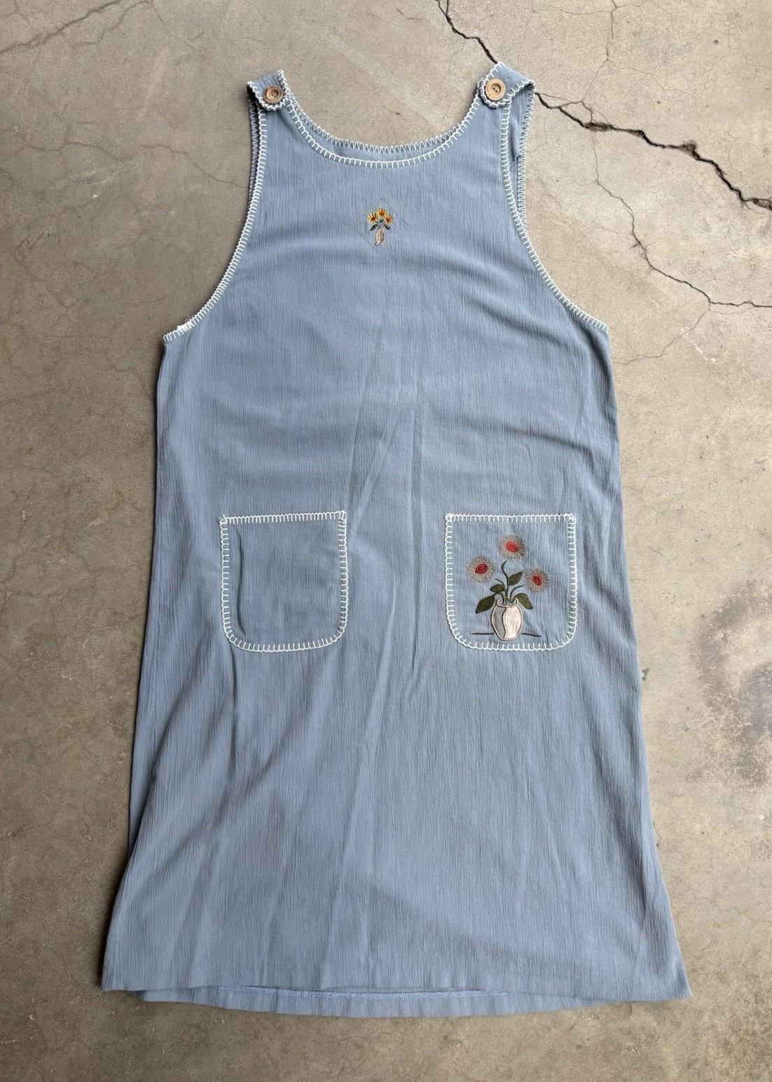 Vintage Teddi Blue Pinafore Dress Embroidered Hem and Pockets Buttons Size L