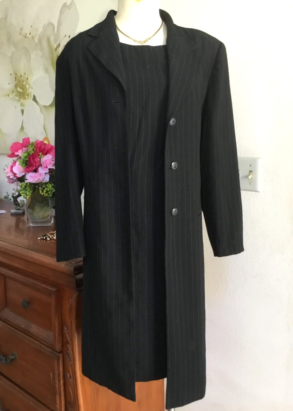 DANI MAX Pinstripes Dressy Set Long Blazer Mid Dress Pencil Unlined Blk 14M