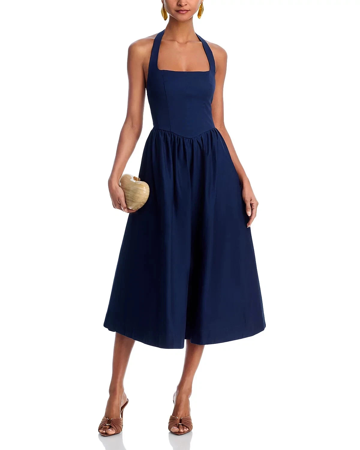 Aqua L111005 Womens Navy Poplin Halter Midi Fit & Flare Dress Size S- DEFECTS