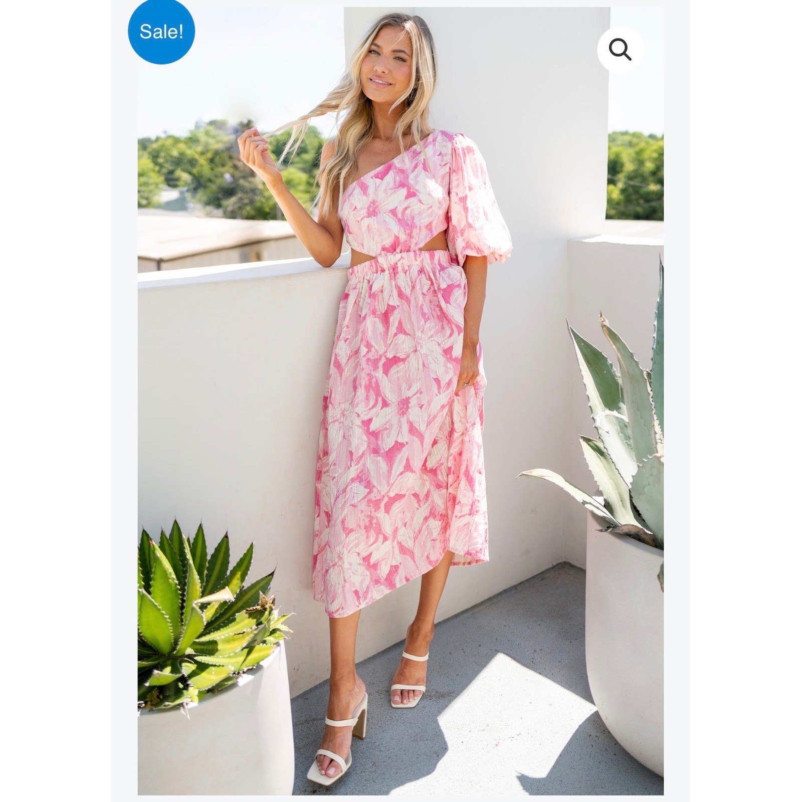Olivaceous One Shoulder Floral Cutout Midi Dress Womens Large Pink
