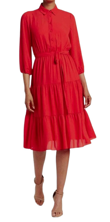 NWT Nanette Lepore Size 14 Hot Coral Red Tiered Tie Belt Waist Dress NEW