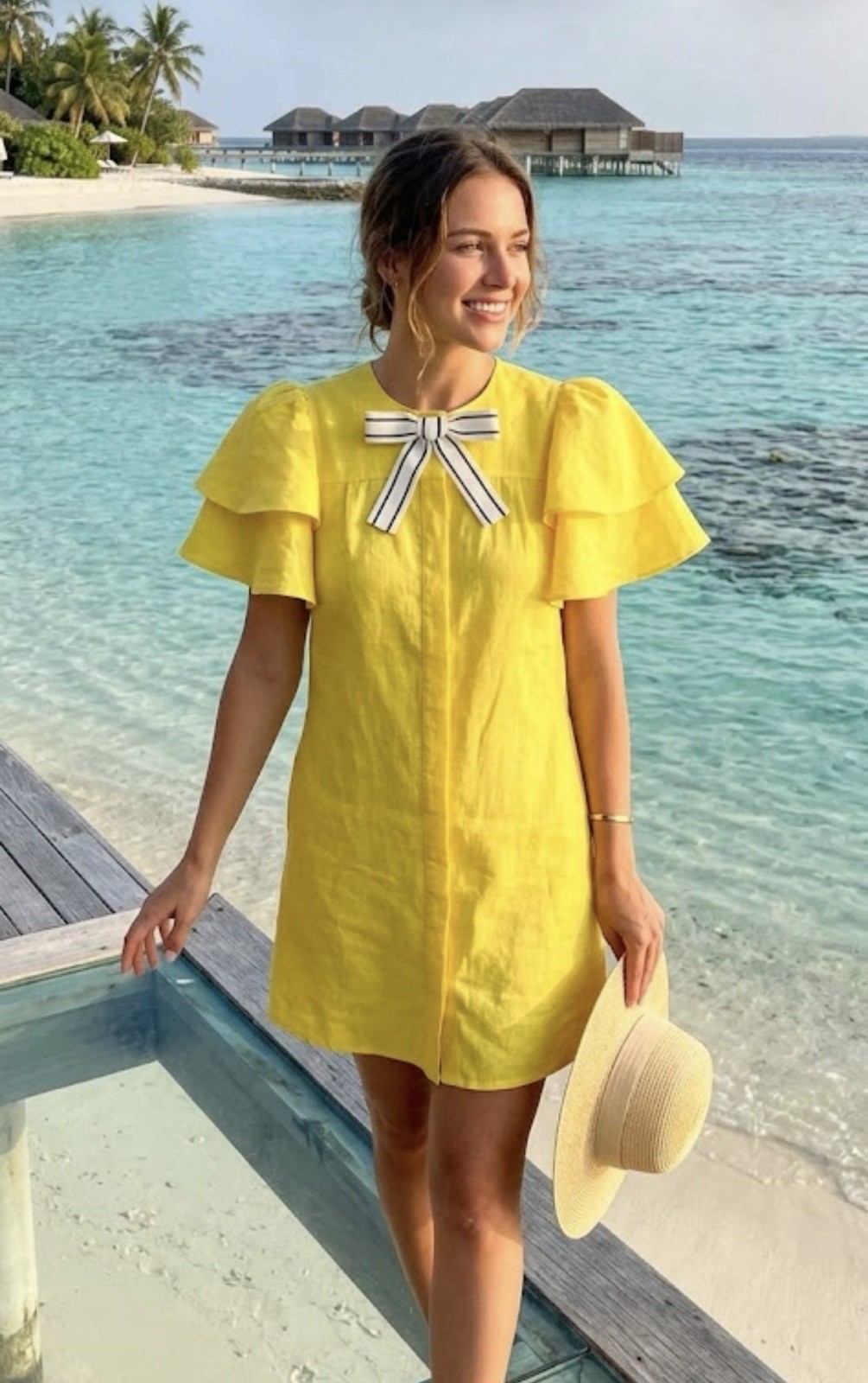DANIELE CARLOTTA Yellow Ruffle Bow Dress IT 38 US 2 Designer Luxury Party