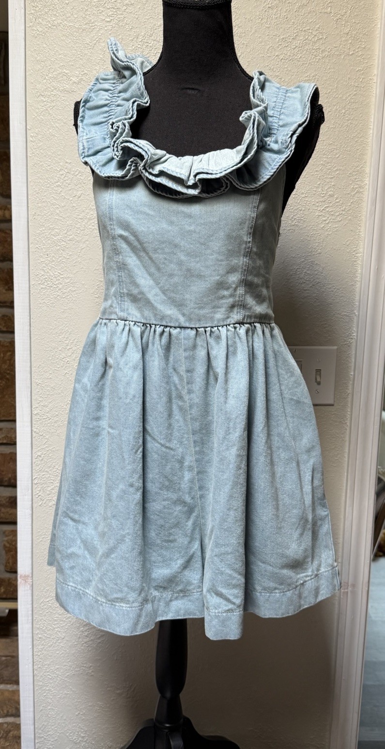 Pink Lily Chambray Shorts Romper Dress Women’s Size L Ruffle Sleeveless EUC