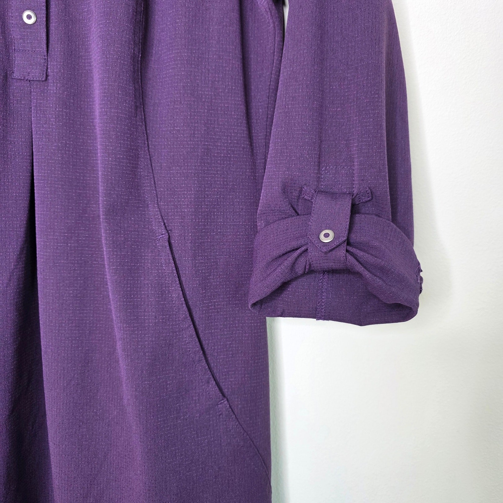 Duluth Trading Breezeshooter Purple Long Sleeve Snap Front Dress with Pockets