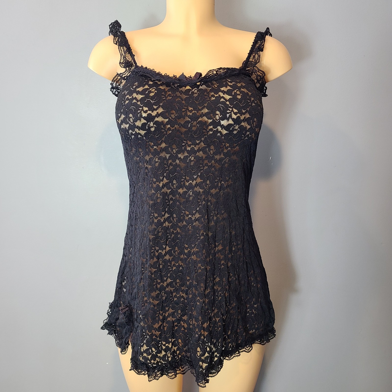 Vtg Lace Babydoll Dress Dainty Black Sz Small Sheer Festival Fairy Whimsigoth
