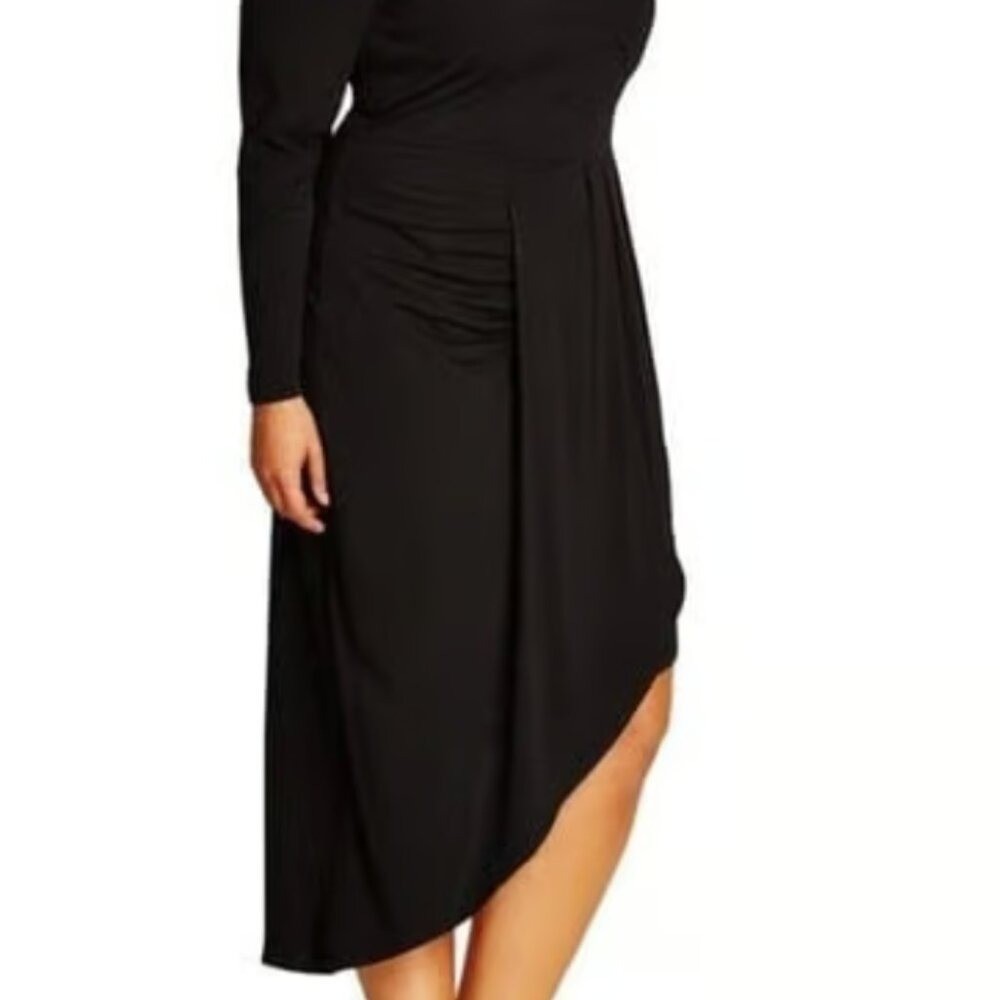 City Chic Black Long Sleeve Asymmetrical Cutout Midi Dress Ruching Size L(20)