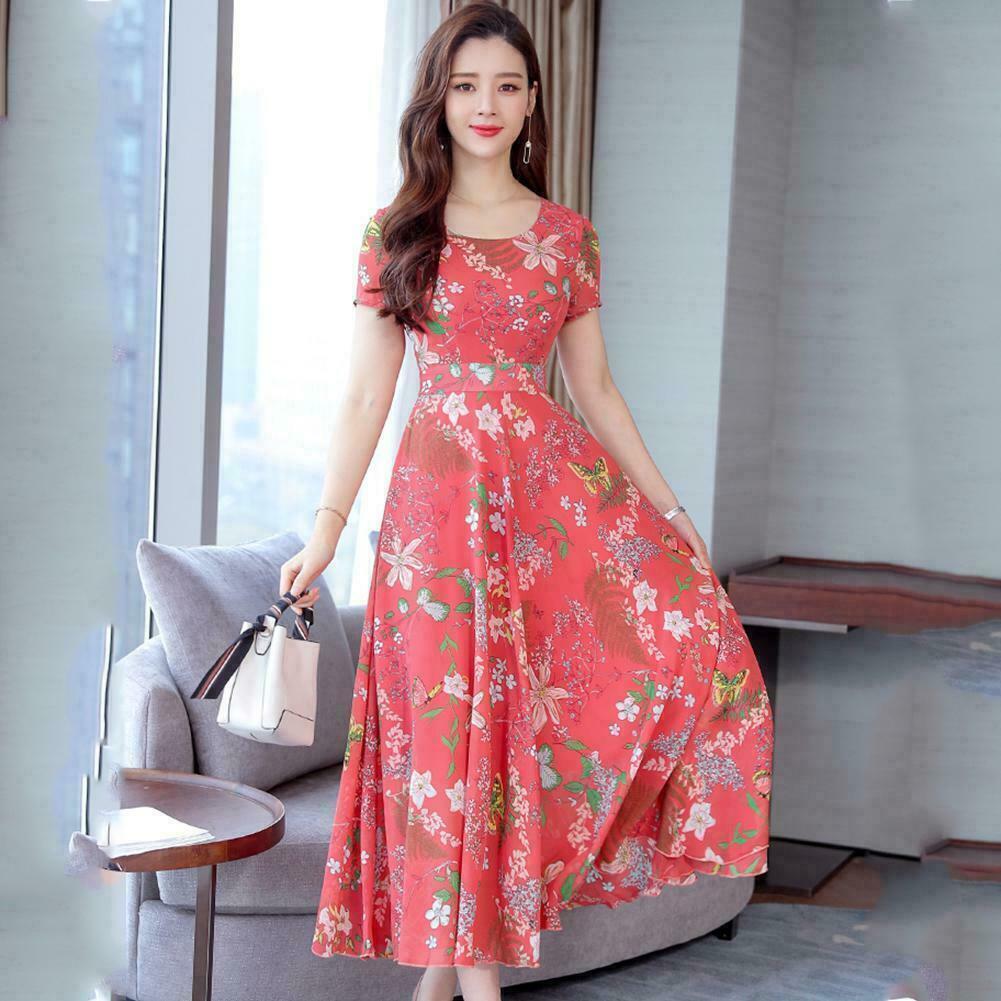 L-3XL Dresses Long Size Plus Print Floral Women Slim O-neck Sleeve Short Dress