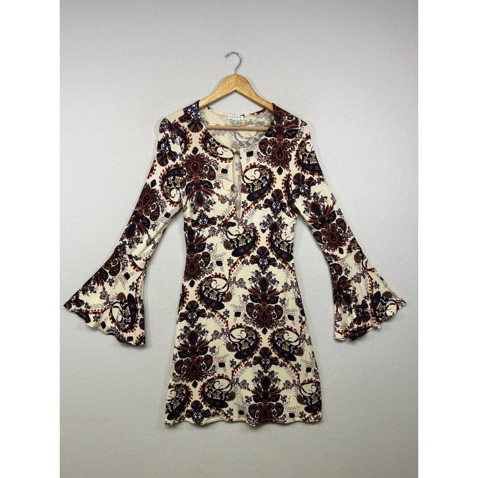 Boho 70s Venus Womens XS Cream Paisley Keyhole Bell Sleeve Mini Dress