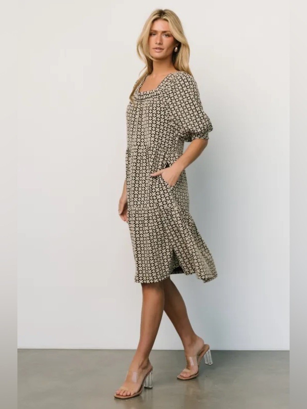 Baltic Born Black & Cream dress Geometric Puff‑Sleeve Dress – 1XL