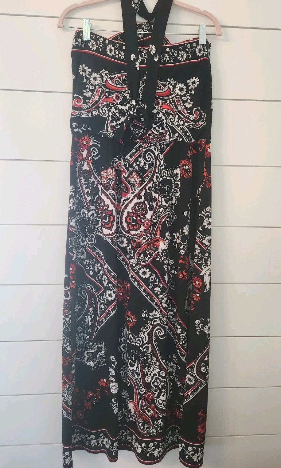 WHITE HOUSE BLACK MARKET Halter Empire Maxi Dress SZ Small STRETCH Black & Red