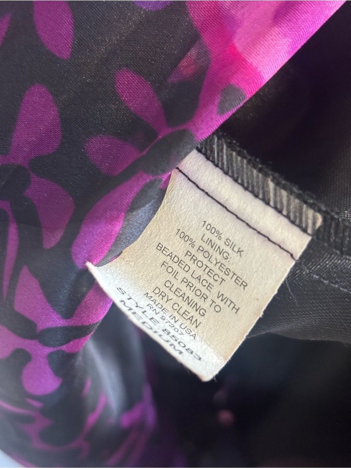 Mary L. Couture Silk Ruffle Trim Purple Floral Beaded Dress