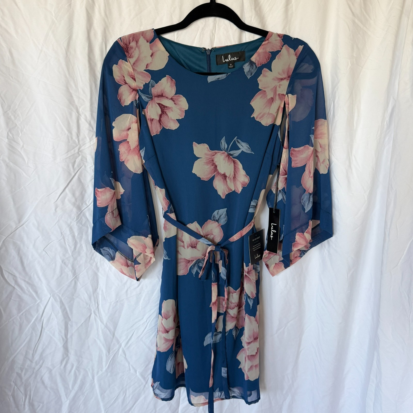 NWT Lulus Joyful Noise Denim Blue Floral Print Mini Dress Blue Chiffon Size S