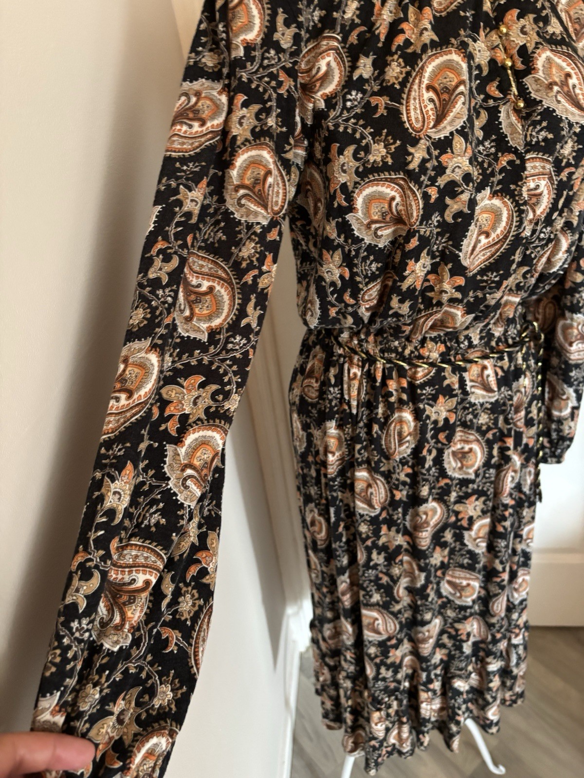MNG Collection Paisley Viscose Midi Dress Button Front Rope Belt UK 10‑12 Boho