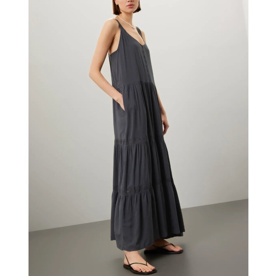 Splendid Dark Gray Tiered Ruffle Sundress Maxi Dress MEDIUM Embroider Boho $188