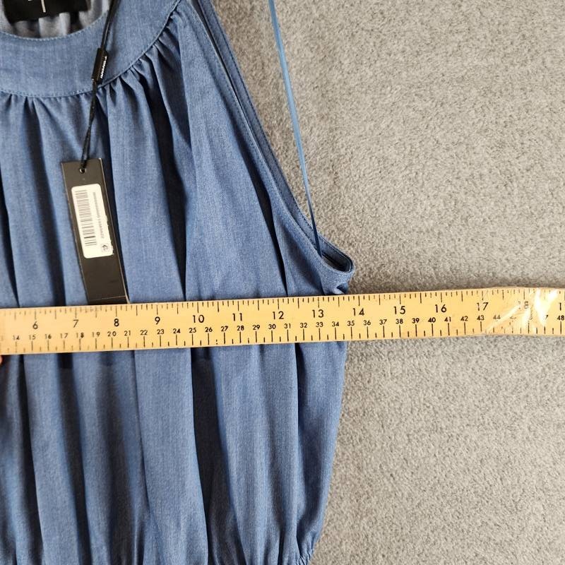 T Tahari Tiered Fit & Flare Halter Maxi Dress Womens M Denim Belted Button Strap