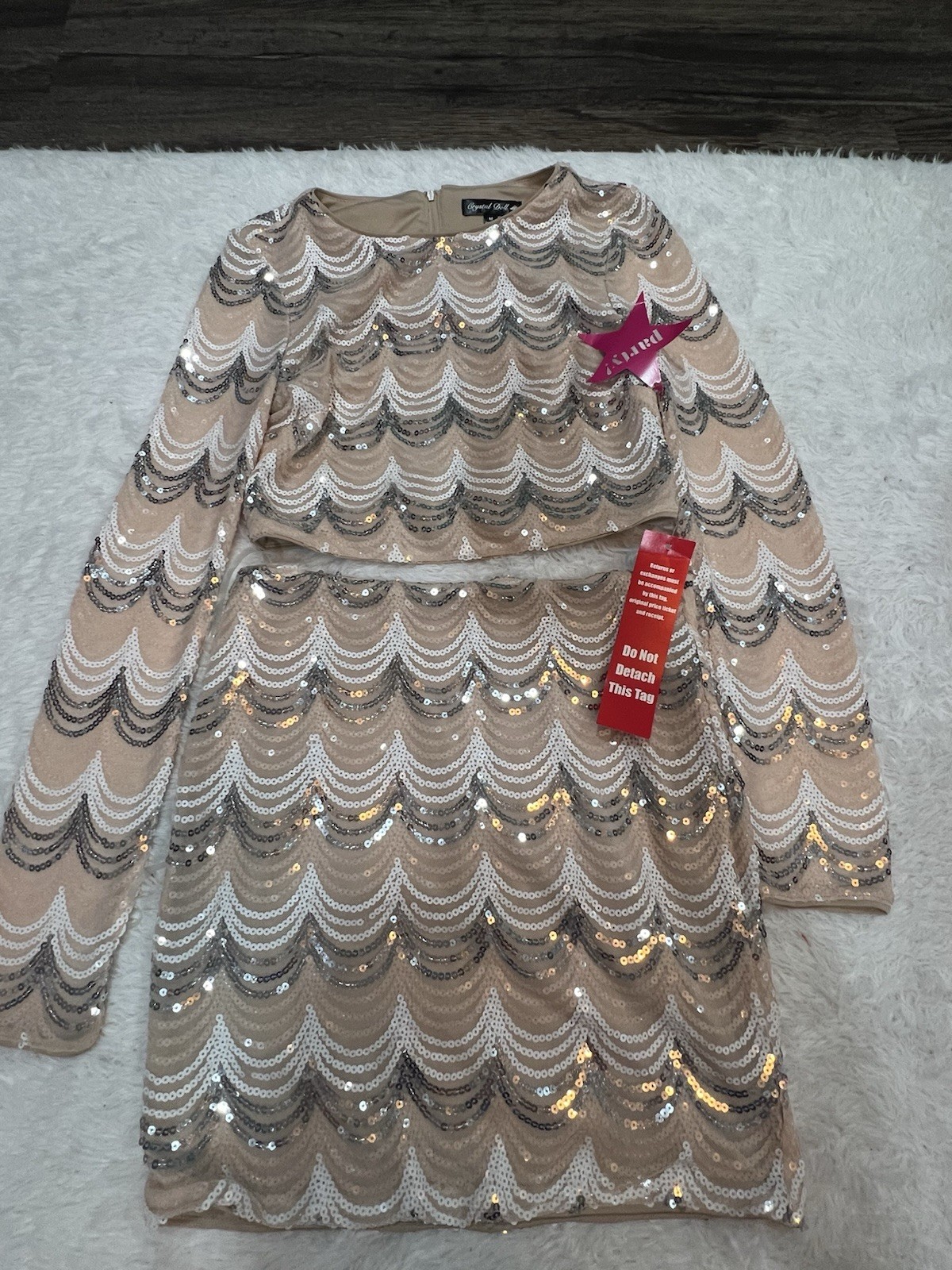 Crystal Doll Women’s M Beige Silver Sequin Mesh Long Sleeve Mini Dress Zip