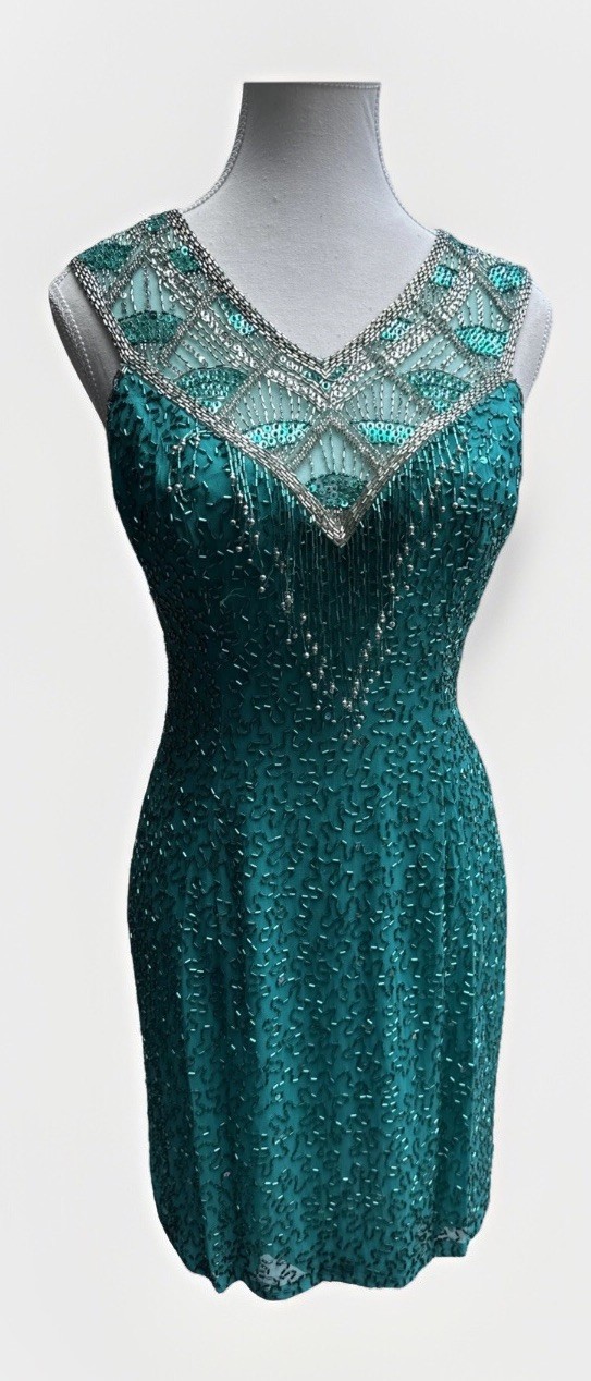 Cache Beaded Sequined Teal Formal Evening Dress Sz 8 Party 90s Y2K Flapper NYE
