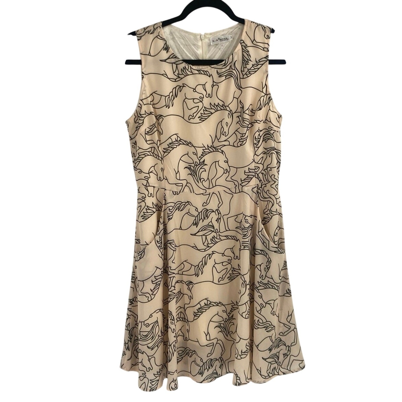 L.A. Soul Horse Print Fit and Flare Dress Womens Md Cream Black Sleeveless