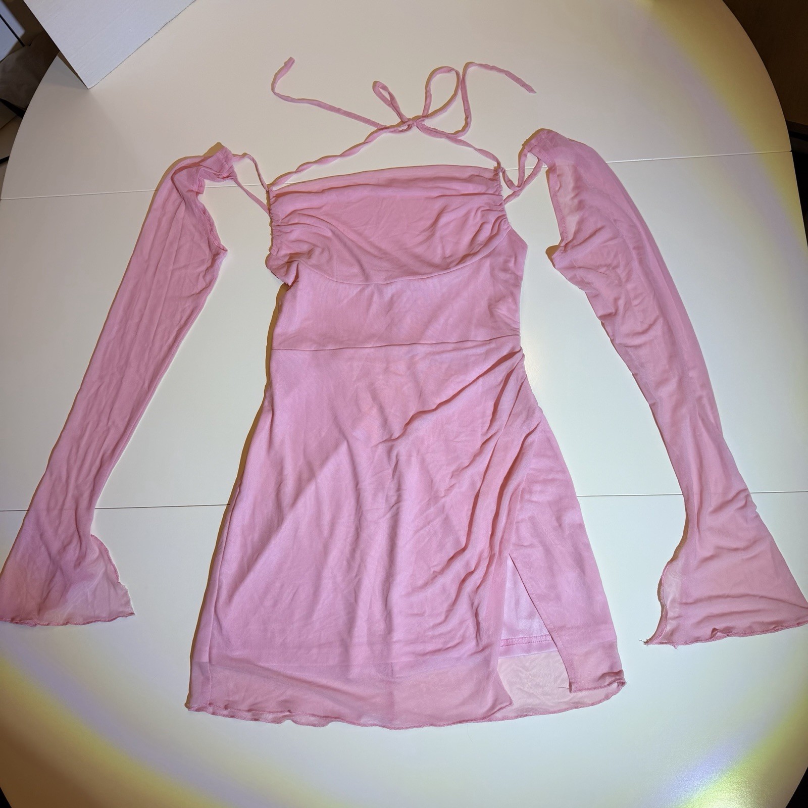 Pink Party Dress Size Med Long Sheer Sleeves Bare Shoulders Slit Lined Strappy