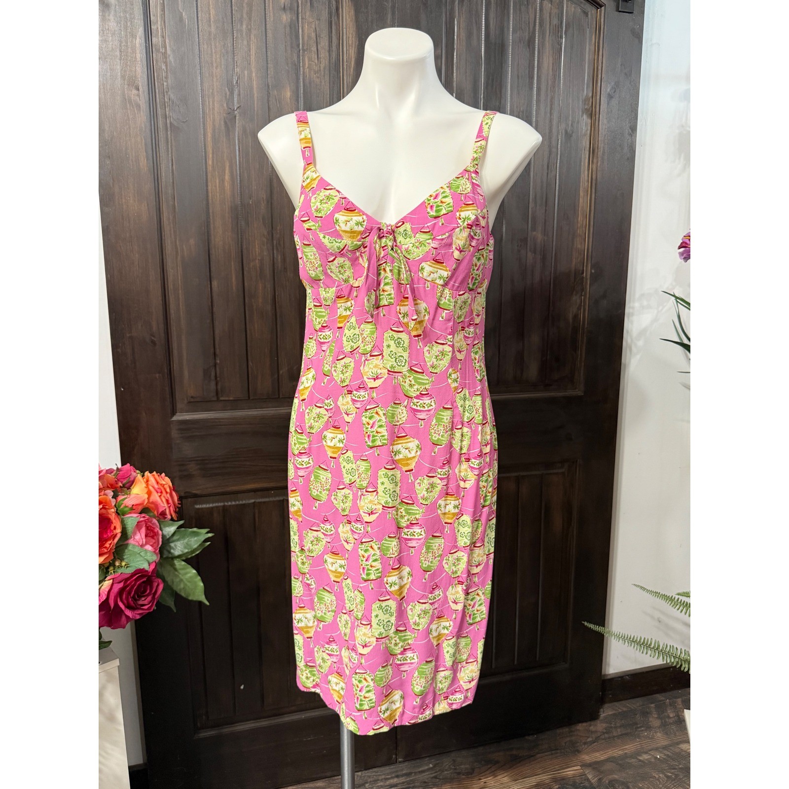 Boston Proper Pink Chinese Lantern Print Rayon Tie Front Sheath Dress Size 8