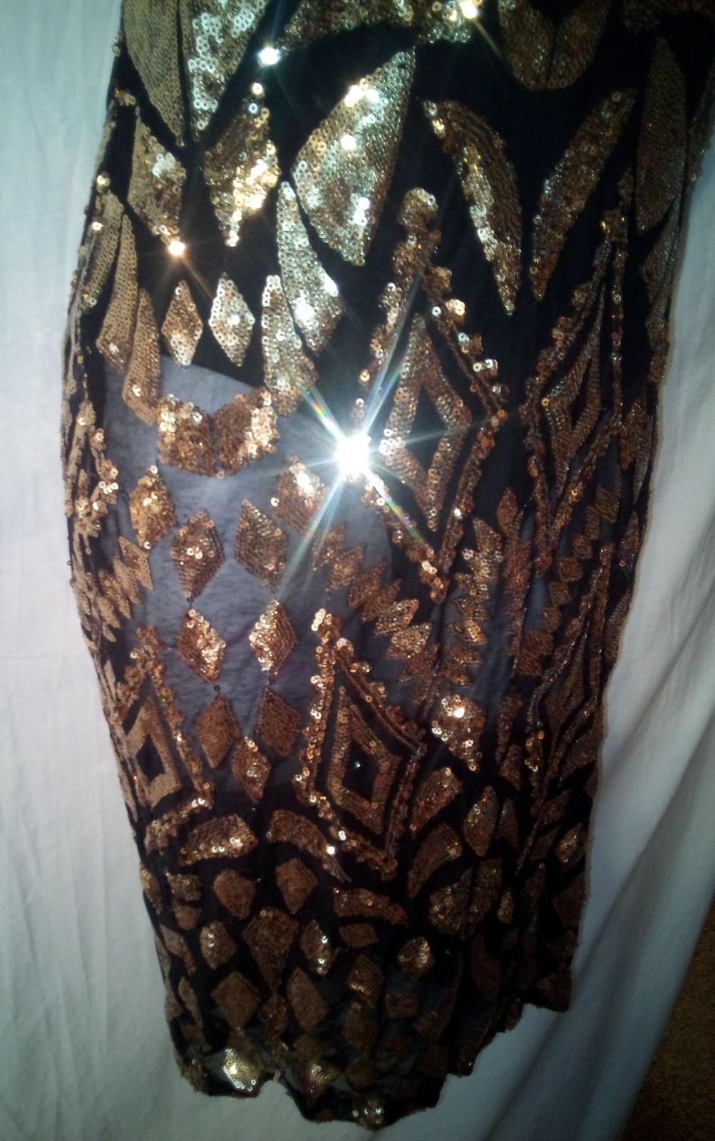 Fashion Nova~M~Sheer Black Gold Sequins Plunging Halter Dress Attached Panties~Q