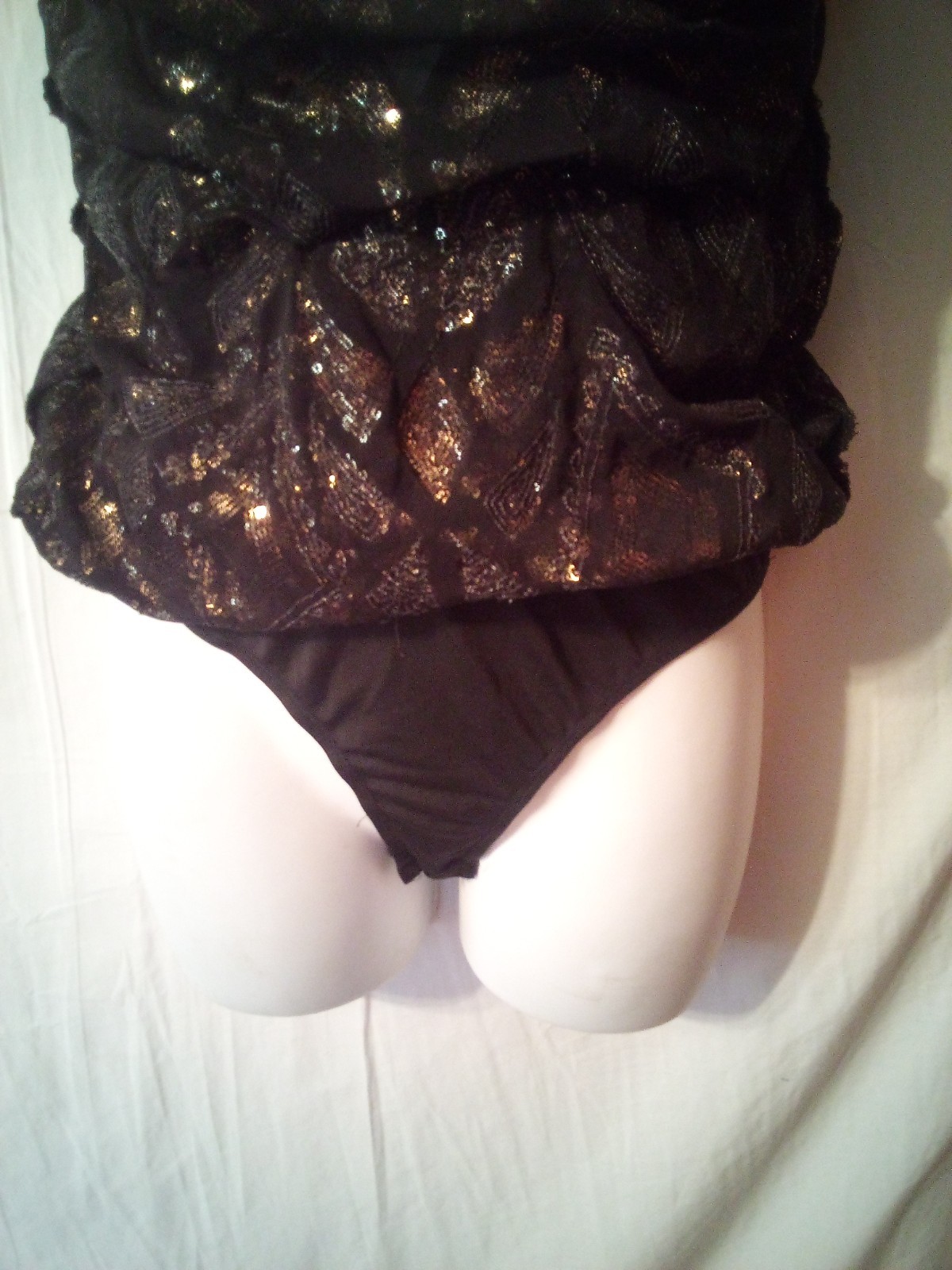 Fashion Nova~M~Sheer Black Gold Sequins Plunging Halter Dress Attached Panties~Q
